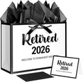 JWSCYSY Large White and Metallic Black Retirement Gift Bag with Tissue Paper, Retired 2026 Gift Bag with Greeting Card for Men Women Retirement Party Decorations Supplies