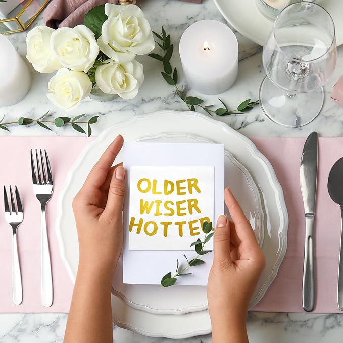 LeZakaa 25Pcs Birthday Paper Napkin, 3-Ply Gold Foil "Older Wiser Hotter" Cocktail Beverage Bar Square Disposable Napkins Guest Paper Hand Towels, Retirement Anniversary, Bachelorette Party, 5 x 5 In