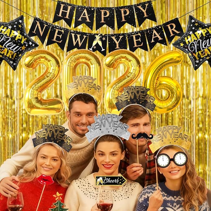 Happy New Years Decorations 2026, New Year Eve Party Supplies Kit Included Foil Curtains Banner Photo Frame Headband Glasses NYE New Year Party Glasses Foil Ballons Party Favor Decor