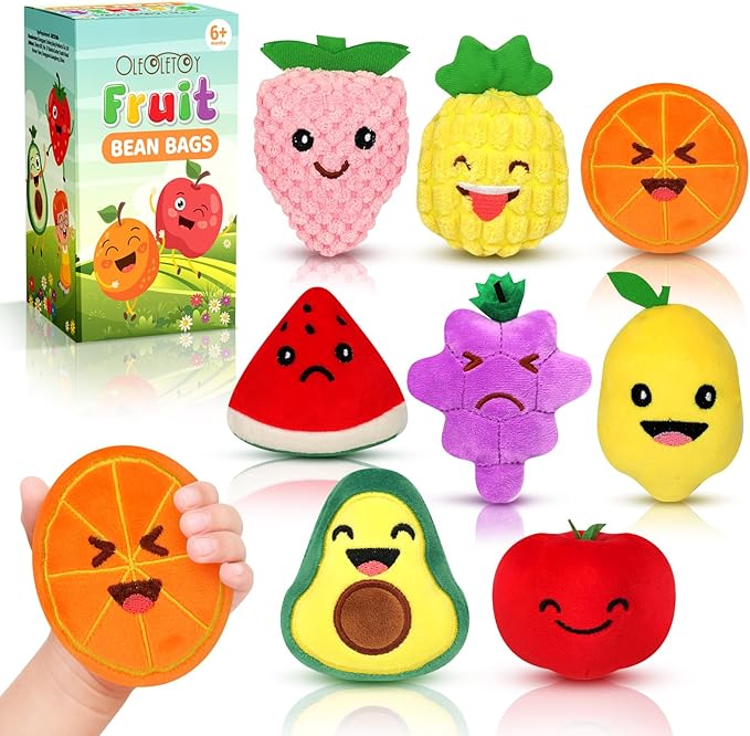 Sensory Toys for Kids, 8 Pack Mini Fruit Soft Stuffed Plush Toy for Girls or Boys as Party Decorations, Toddler Pretend Play Kitchen Food, Strawberry, Avocado, Pineapple and Orange