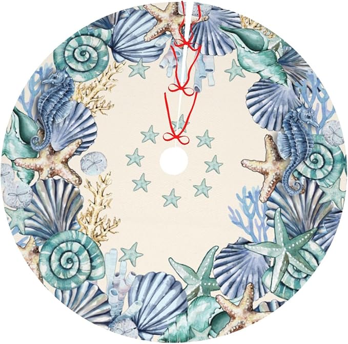 Shell Coastal Wreath Beach Starfish Sea Theme Seahorses Christmas Tree Skirt Xmas Tree Mat Halloween Christmas Tree Ornaments Decorations Holiday Party Indoor Outdoor 48"