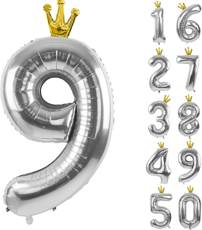 Silver Number 9 Balloon with Crown, 40 inch Silver Number Balloon 9th Birthday Party Decoration Silver Crown Balloons 0-9 for Birthday Party Anniversary Decorations Supplies