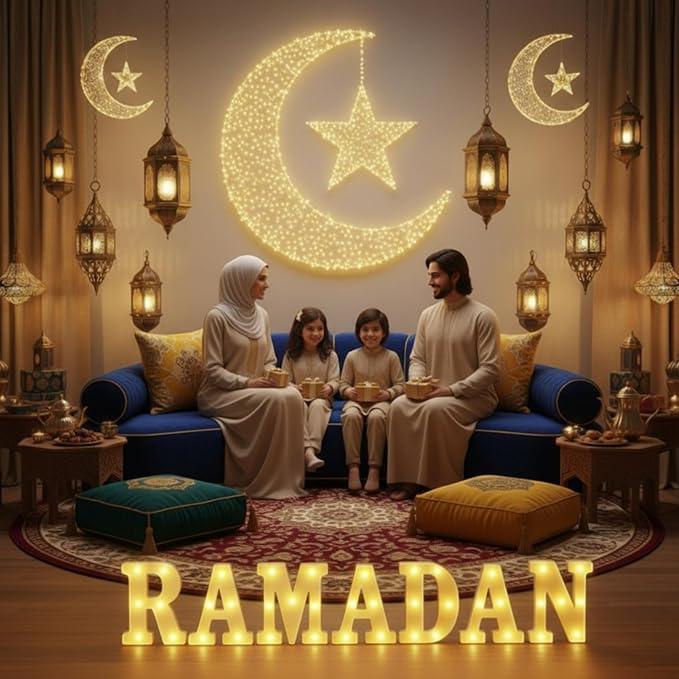7 Pieces Large Ramadan LED Letter Lights Sign Ramadan Eid LED Marquee Lights Table Decoration for Eid Home Party Gift Tabletop Decoration