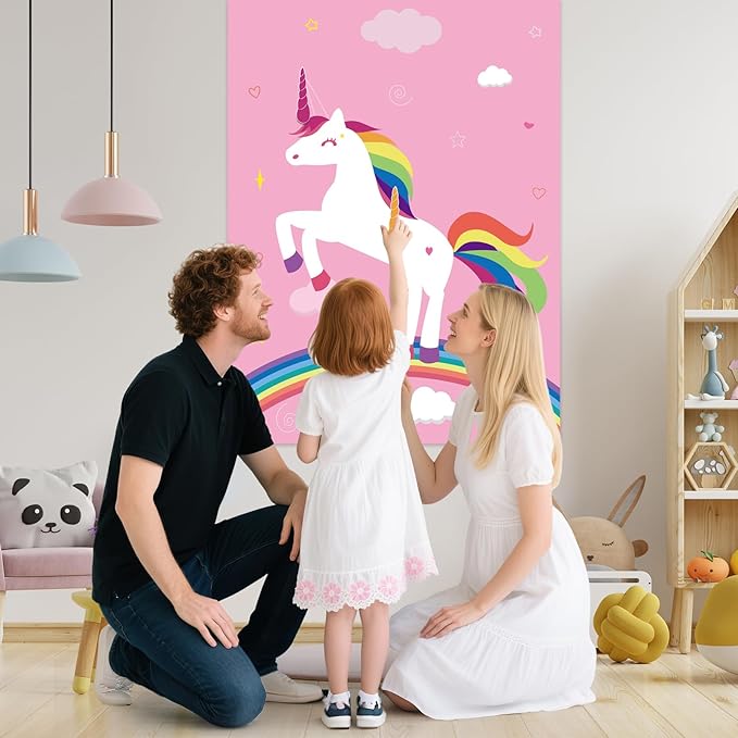 PLULON Pin The Horn On The Unicorn for Kids Birthday Party Game, Unicorn Party Supplies Favors Girls Birthday Decorations Poster Home Family Wall Decorations for Girl Boy Classroom Activities