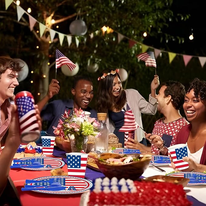 4th of July Party Supplies Tableware Set, 177 PCS Patriotic American Flag Paper Plate Disposable Set with tablecloths- Red Blue White USA Plates Napkins Cups, Forks Spoons for Picnic Barbecue