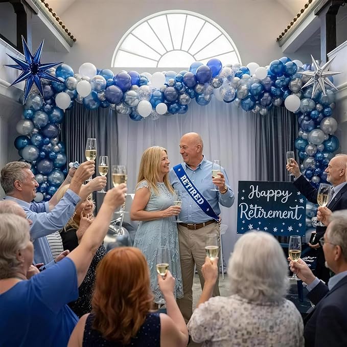 Blue White Silver Balloons Garland Arch Kit, 105Pcs Navy Metallic Blue Silver White Confetti Balloon with Explosion Star Foil Balloon for Birthday Graduation Wedding Fathers Day Retirement Party Decor
