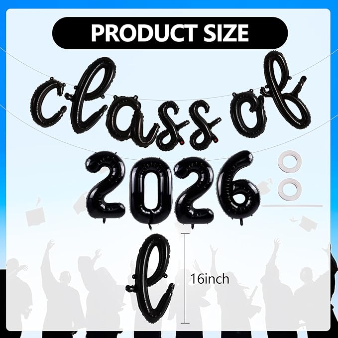 TONIFUL Black Cursive Class of 2026 Graduation Balloon Banners 2026 Commencement Decor Grad Foil Balloons 2026 Congrats Grad Balloons for Class of 2026 Congratulation Graduation Party Supplies