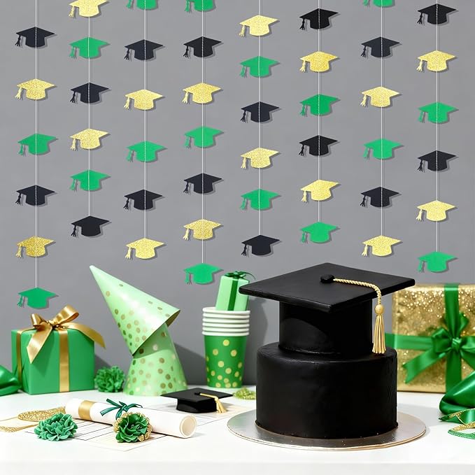 Black Green and Gold Graduation Garland Graduation Party Decorations Class of 2026 Grad Cap Garland Banner Streamers for Grad Party Hanging Decorations 39Feet
