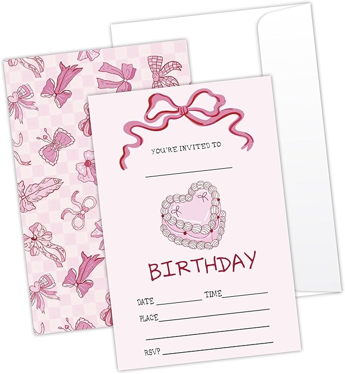 Pink Bow Birthday Invites Cards Party Invitation Cards for Girls Kids Adults Party Invitations 4x6 Inch Blank Invitations with Envelopes 20 Pcs Double Sided Invitation Card for Girls Birthday YT0084