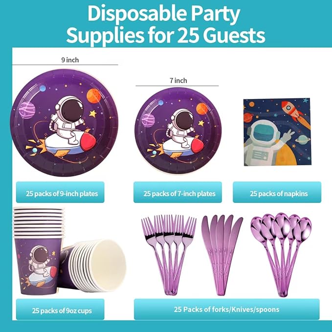 175 Pieces Space Party Supplies Decoration, Outer Space Theme Birthday Plate Set, Galaxy Disposable Tableware Set, Kids Spaceship Rocket Birthday Decorations (25 Guests)