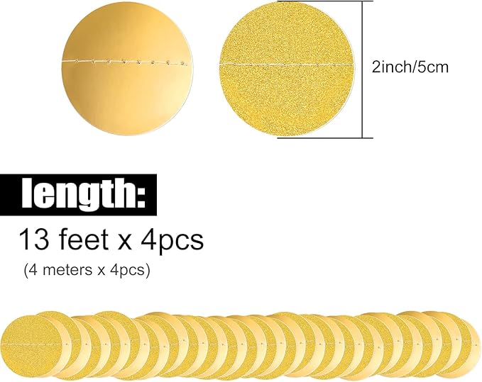 MIAHART 52 Feet Circle Dots Gold Circle Garlands Glitter Gold Decorations Party Garland Hanging Banner Decor for Birthday Baby Shower Wedding Christmas Party