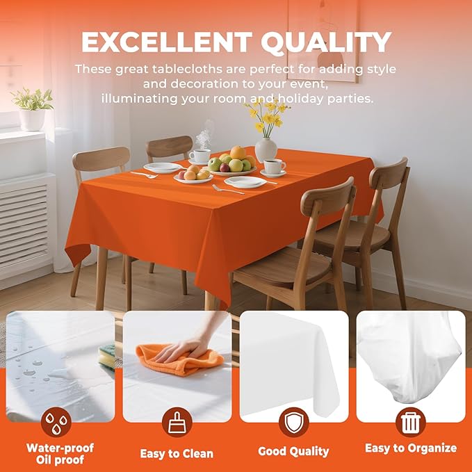 6 Pack Premium Disposable Plastic Tablecloth 54" x 108" Party Table Cloths Disposable for 6 to 8 Foot Tables Indoor or Outdoor Birthdays Weddings Christmas Anniversary Buffet Table (Orange)