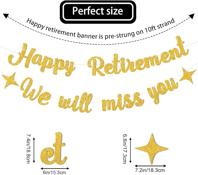 Gold Happy Retirement Banner for Happy Retirement Decorations,We Will Miss You Banner-Glitter Going Away Party Decor Sign Goodbye Farewell Decorations Party Supplies for Coworker Men Women