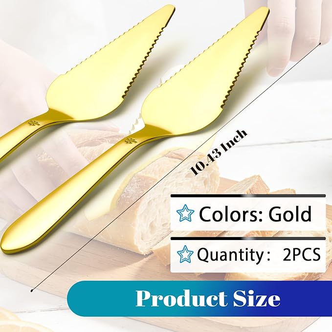 Cake Pie Server Set for Wedding, Elegant Pizza Slicer Server Set with Stainless Steel Big Serrated Edges, Cake Cutter Pie Spatula for Birthday Anniversary, 2 Pcs, Gold