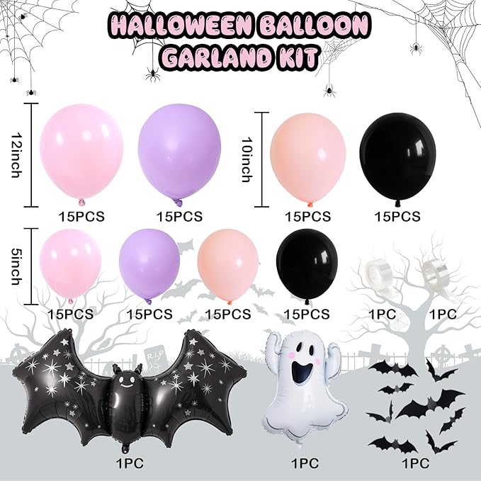 Pink Purple Halloween Balloon Arch Garland Kit, 125pcs Pastel Witch Halloween Balloon with Bat & Cute Ghost Foil Balloons for Girls Baby Shower halloween Boo Spooky Season Indoor Party Decorations