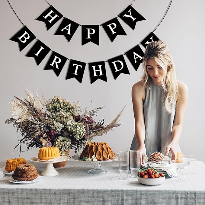 Happy Birthday Banner, Black Happy Birthday Decorations Birthday Sign for Birthday Party Backdrop Decor, Black Happy Birthday Sign Party Hanging Supplies for Girls Boys and Women