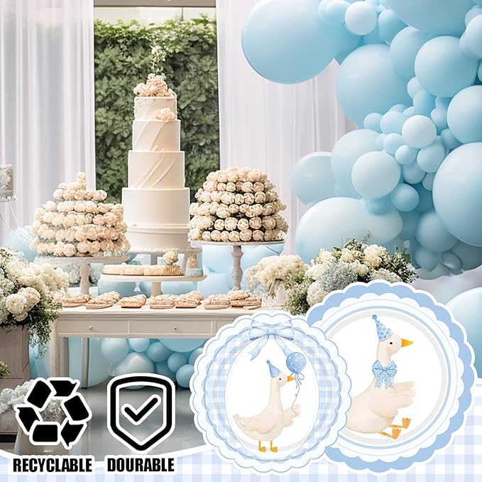 Zhehao 350 Pcs One Silly Goose Birthday Party Tableware Set Blue Scalloped Baby Shower Plates Cup Napkins Forks for Birthday Party Decorations Supplies for 50 Guests