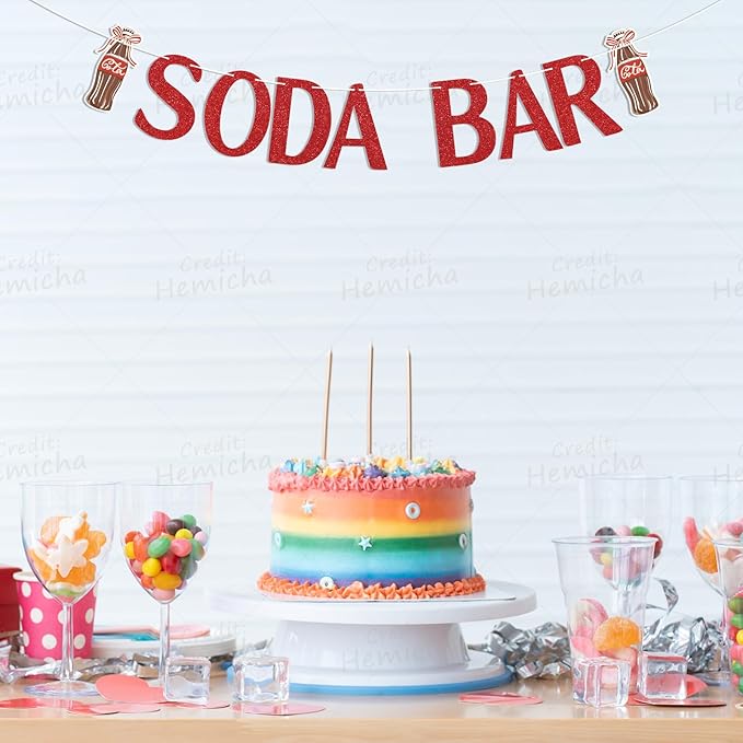 Soda Bar Banner - She's Ready to Pop Baby Shower Decor, Soda Pop Theme Birthday Bridal Shower Party Decorations Red Glitter