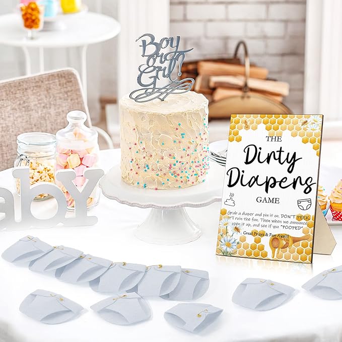 Roowest 51 Pcs Dirty Diaper Baby Shower Games Funny Wooden Sign with 50 Pcs Mini Diapers Cute Felt for Gender Reveal Party Baby Shower(Bee)
