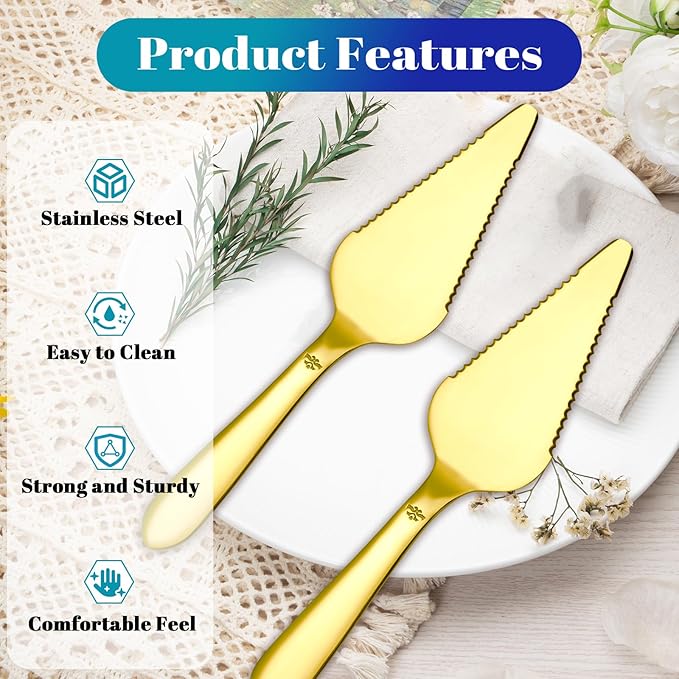 Cake Pie Server Set for Wedding, Elegant Pizza Slicer Server Set with Stainless Steel Big Serrated Edges, Cake Cutter Pie Spatula for Birthday Anniversary, 2 Pcs, Gold