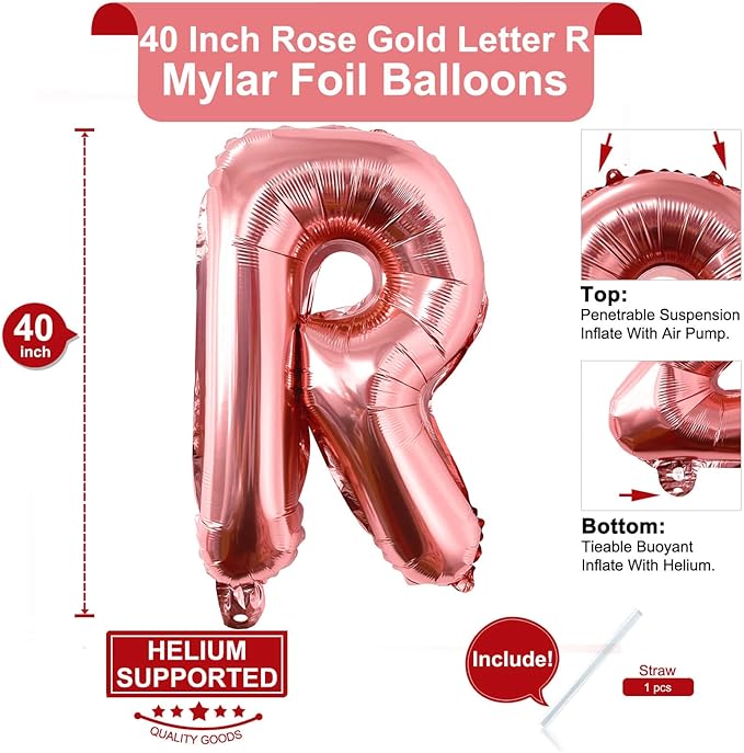 Lovoir 40 Inch Large Rose Gold Letter R Balloons Big Size Jumbo Mylar Foil Helium Balloon for Birthday Party Celebration Decorations Alphabet Rose Gold R