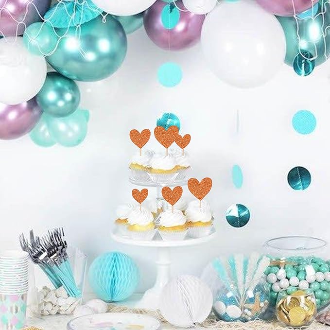 30 PCS Love Heart Cupcake Toppers Glitter Bridal Shower Sweet Love Cupcake Picks for Wedding Engagement Valentine's Day Baby Shower Birthday Party Cake Decorations Supplies Orange