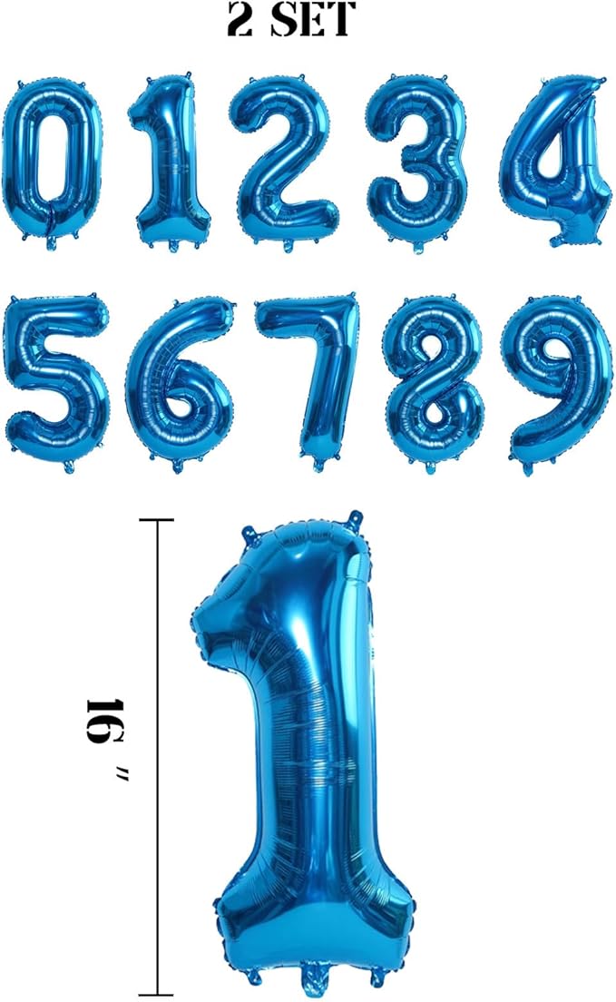 2 Set 20 Pcs Number Balloons 16 Inch Blue 0-9 Number Mylar Foil Balloons Blue Custom Digital Balloons for Birthday Party Engagement Graduations Anniversary Baby Shower Decor Party Supplies