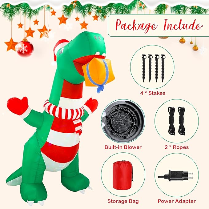 8FT Christmas Inflatables Outdoor Decorations, Blow Up Yard Dinosaur Decoration with Christmas Hat & Gift Box, Built-in LED Lights for Holiday Garden Patio Lawn Party, for Him, Her