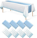 8Pack Disposable Plastic Tablecloths and Satin Table Runner Set White and Light Blue Dot Tablecloth Light Blue Satin Table Runner for Wedding Birthday Baby Shower Engagement Christmas Party Supplies