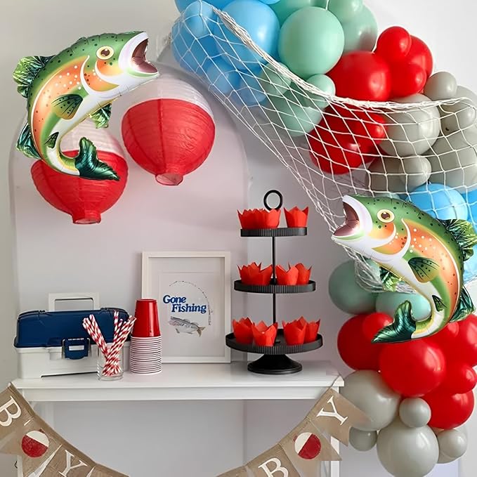 Fishing Birthday Party Decorations 155PCS Gone Fishing Balloon Arch Garland Kit with Inflatable Rainbow Trout Fish Balloon for Ofishally One Fish Themed Baby Shower Birthday Party Decoration