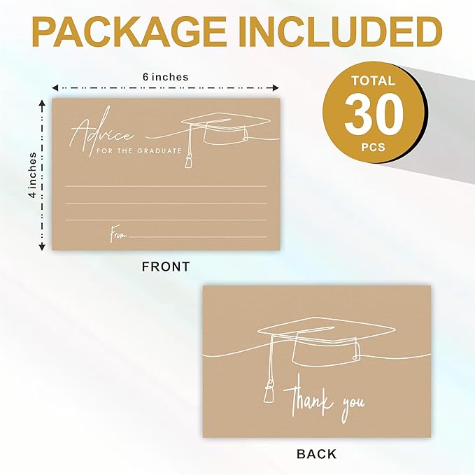 30 Advice Cards For The Graduate - Minimalism Grad Cap - 4"X6" Brown Double-Sided Fill In Style Advice & Wishes Cards, Class Of 2026 Graduation Party Decorations & Supplies - 004