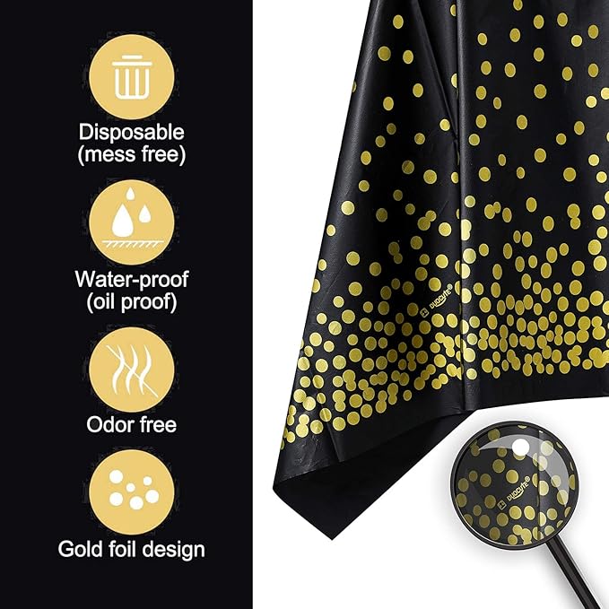 108"x54" 4 Packs Black and Gold Disposable Party Tablecloth for Rectangle Table, Gold Stamping Dot Confetti Rectangular Plastic Table Cover, for Graduation, Birthday, New Year Eve 2026