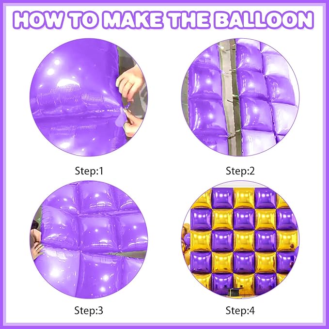Metallic Purple Gold and Silver Double Sided Square Foil Balloons Wall,19 Inches Chrome Foil Balloons Tunnel Arch Kit for Bachelorette,Anniversary,Graduation,Birthday Party Background Decoration