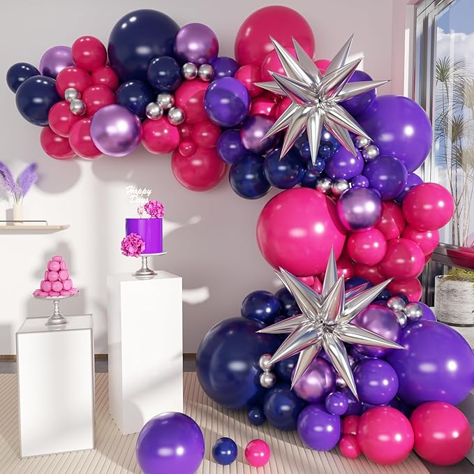 Hot Pink Purple Dark Blue Baloon Garland Arch Kit with 4D Star Foil Balloon Silver, 155Pcs Latex Balloons Different Sizes 18 12 10 5 inch for Graduation Birthday Wedding