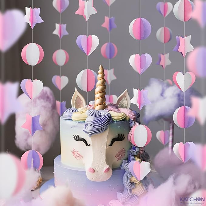 KatchOn, 3D Pink and Purple Paper Garland – Pack of 6 | Garland for Mermaid and Unicorn Birthday Decorations | Happy Birthday Decorations for Girls | Unicorn Party Decorations | Hanging Decorations
