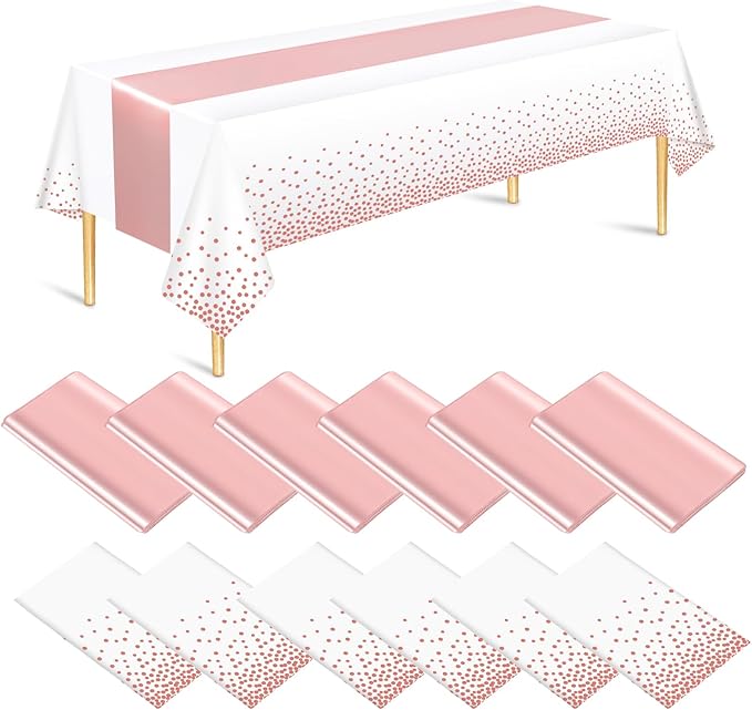 12 Pack Rose Gold Color Tablecloth Table Runner Set, Disposable Tablecloth, White & Rose Gold Dot Pink Satin Table Runner for Wedding Birthday Anniversary Party Decorations