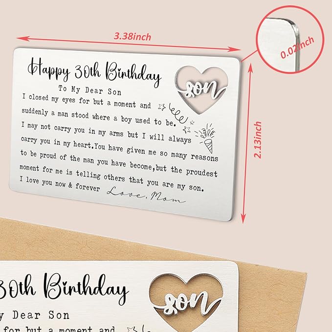 Happy 30th Birthday Wallet Insert for Son from Mom, Stainless Steel Laser-Engraved Postcard with Heart Cutout, Adult Son Birthday Gift, Sentimental Pocket Keepsake for Milestone Celebration QBK11