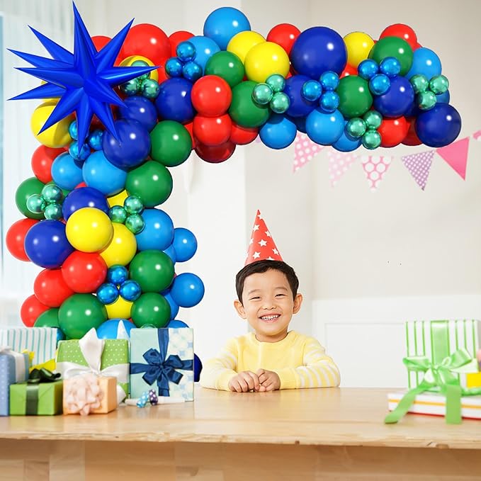 Red Blue Yellow Green Balloons Garland Arch Kit Primary Colors Balloon Arch with Explosion Star Foil Balloons Metallic Blue Green Balloon for Carnival Party Decorations