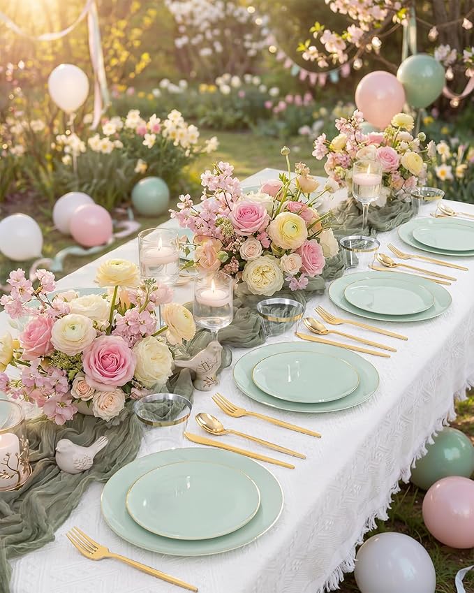 bUCLA 150PCS Green Plastic Plates - Sage Green with Gold Rim Disposable - Include 25 (Dinner & Dessert) Plates, 25 Knives, 25 Forks, 25 Spoons and 25 Cups for Party, Easter & Spring