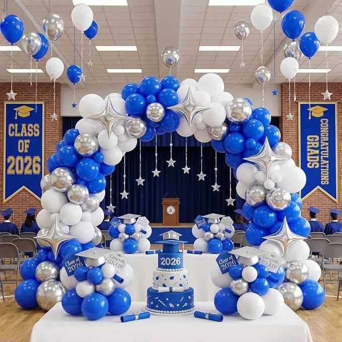 Royal Blue and Silver Balloons for Graduation Party Decorations, 12In Dark Navy Blue and White Balloons with Metallic Silver Star Balloon for Graduation Father's Day Birthday Baby Shower Party Decor