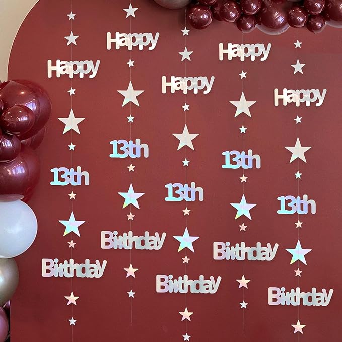 13th Birthday Decorations for Girls Iridescent Metallic Twinkle Star Garlands Sign Hanging Swirls Streamer 13 Year Old Official Teenager Happy Birthday Banner Thirteen Party Decor