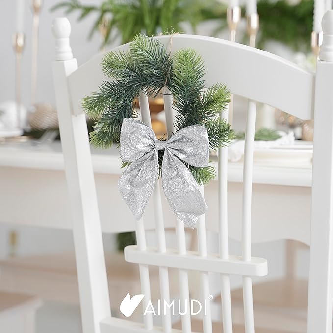 AIMUDI Silver Glitter Wired Ribbon Bows with Twist Tie 5.5" Premade Metallic Christmas Bows for Gift Wrapping, Wreath, Garland, Holiday Crafts Party Home Outdoor Christmas Tree Decorations, 12 PCs