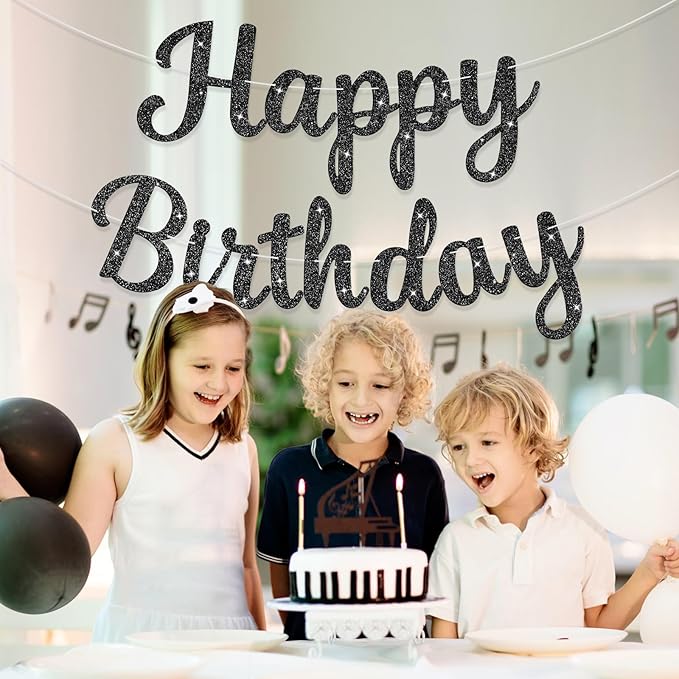 Glitter Happy Birthday Banner Sign Birthday Garland Wall Door Banners Flag for Women Men Boys Girls Party Backdrop Decorations Black