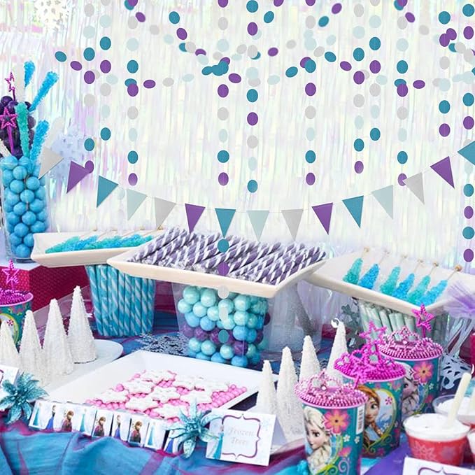 Purple-Blue Silver Frozen-Christmas Party-Decorations Banner,2 Pack Winter Girl Birthday New Year Paper Triangle Pennant Flags Streamers,Wonderland Mermaid Baby Shower Supplies Decor Lasting Surprise