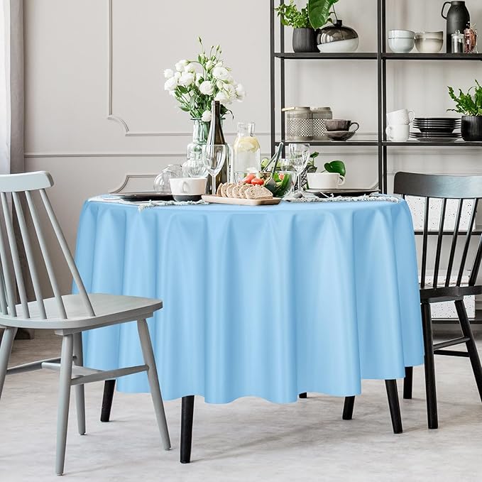 Kopokita 2 Pack Light Blue Round Disposable Plastic Tablecloths 84 inch Party Table Covers