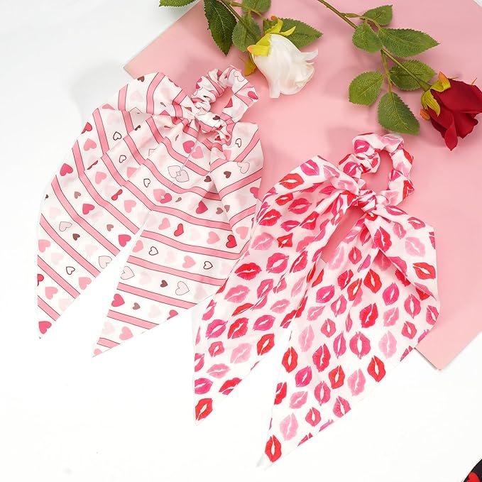Valentine's Day Hair Ties for Woman Girls Heart Ribbon Valentines Hair Scrunchies Elastic Pink Stripe Lip Hair Tie Party Supplies Hair Accessories 2PCS