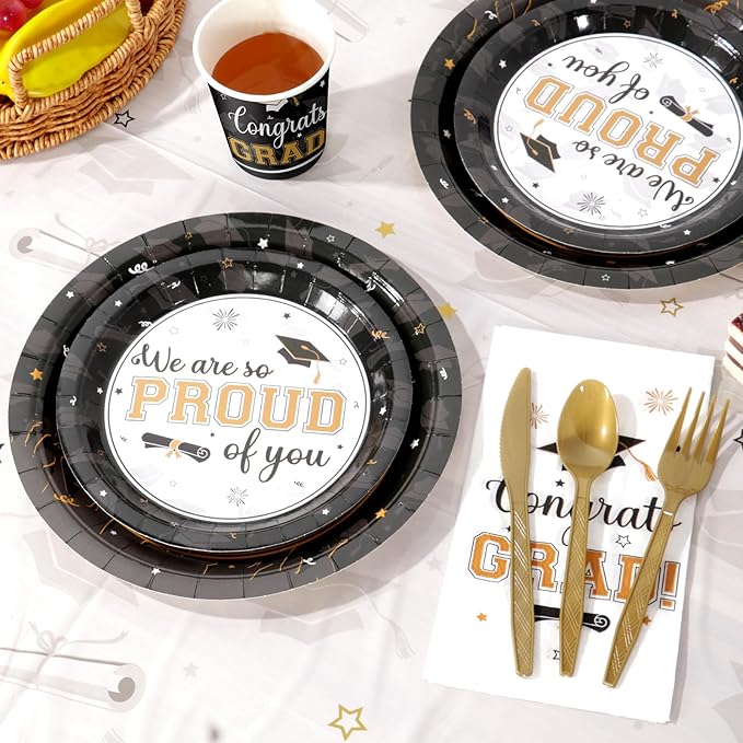 Graduation Party Supplies Congrats Grad Plates and Napkins Set Serve 50, Disposable Tableware Paper Plates Napkins Cup Knive Spoon Fork Straw for Class of 2026 Graduation Party Decorations Black Gold