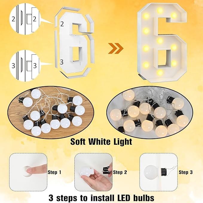 Marquee 4ft Numbers with Light up Number 6 White Mosaic Frame Slots-in Letter 6 for 6th Birthday Party Decorations Pre-Cut Cardboard Large Giant Cut-Out Thick Foam Board Sign Anniversary Graduation