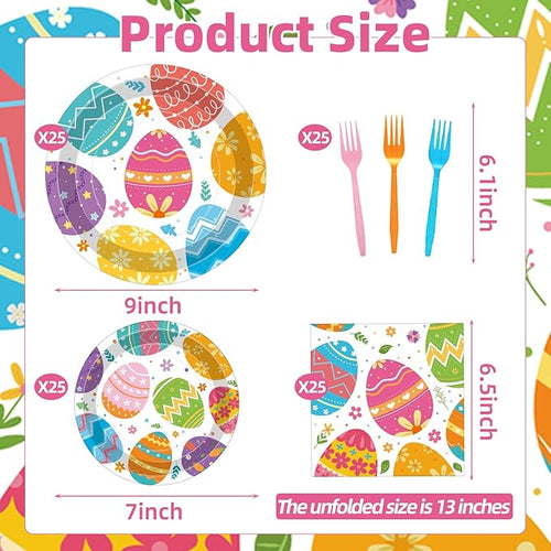 100 Pcs Easter Egg Tableware Party Supplies Set, Serves 25 – Disposable Colorful Eggs Paper Plates, Napkins, and Forks for Spring Celebration, Easter Day Egg Hunt, or Holiday Brunch Decorations