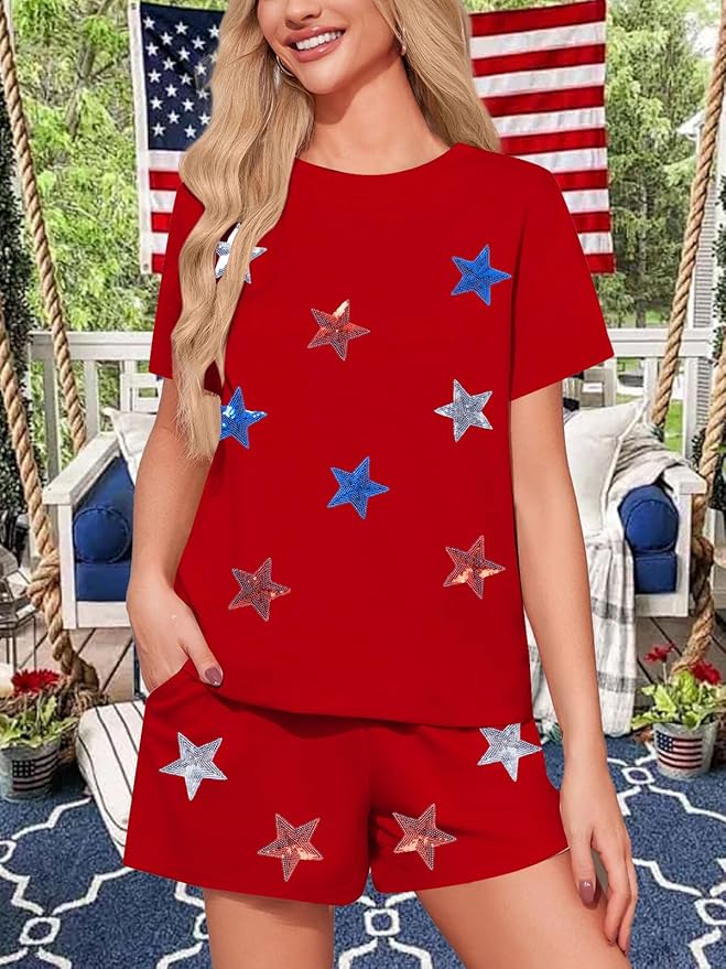 VILOVE 4th of July 2 Piece Sequin Outfits Women 250 Anniversary Usa Shirts and Short Sets Casual Patriotic Shirt Summer Set